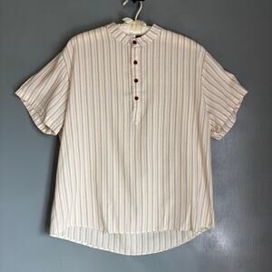Men's XL White Striped Cotton Blend Mandarin Collar Beach Shirt Button Up Hippie
